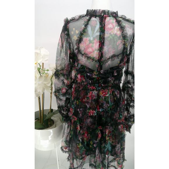 Beulah Womens Large Sheer Black Floral Ruffle Tull Mesh Romantic Mini Dress - Picture 7 of 14